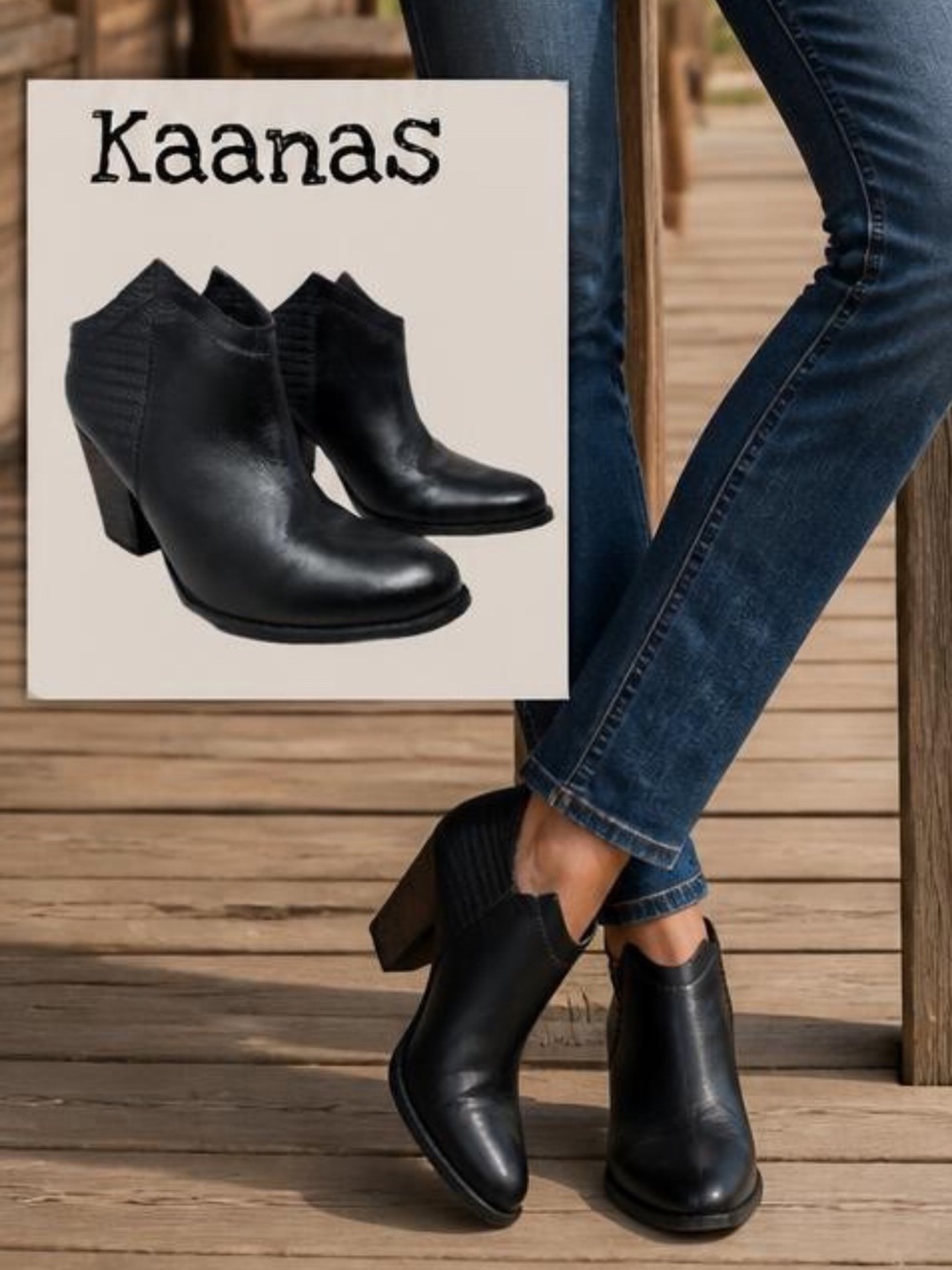 Kaanas Womens Western Bootie Clog Sz 39 =8.5 To 9 Black Leather Wood Stack Heel